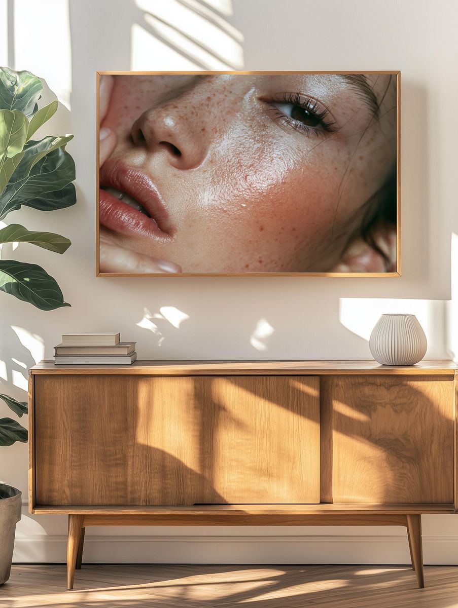 Freckled Face Close-Up Photography Poster. — room view 3