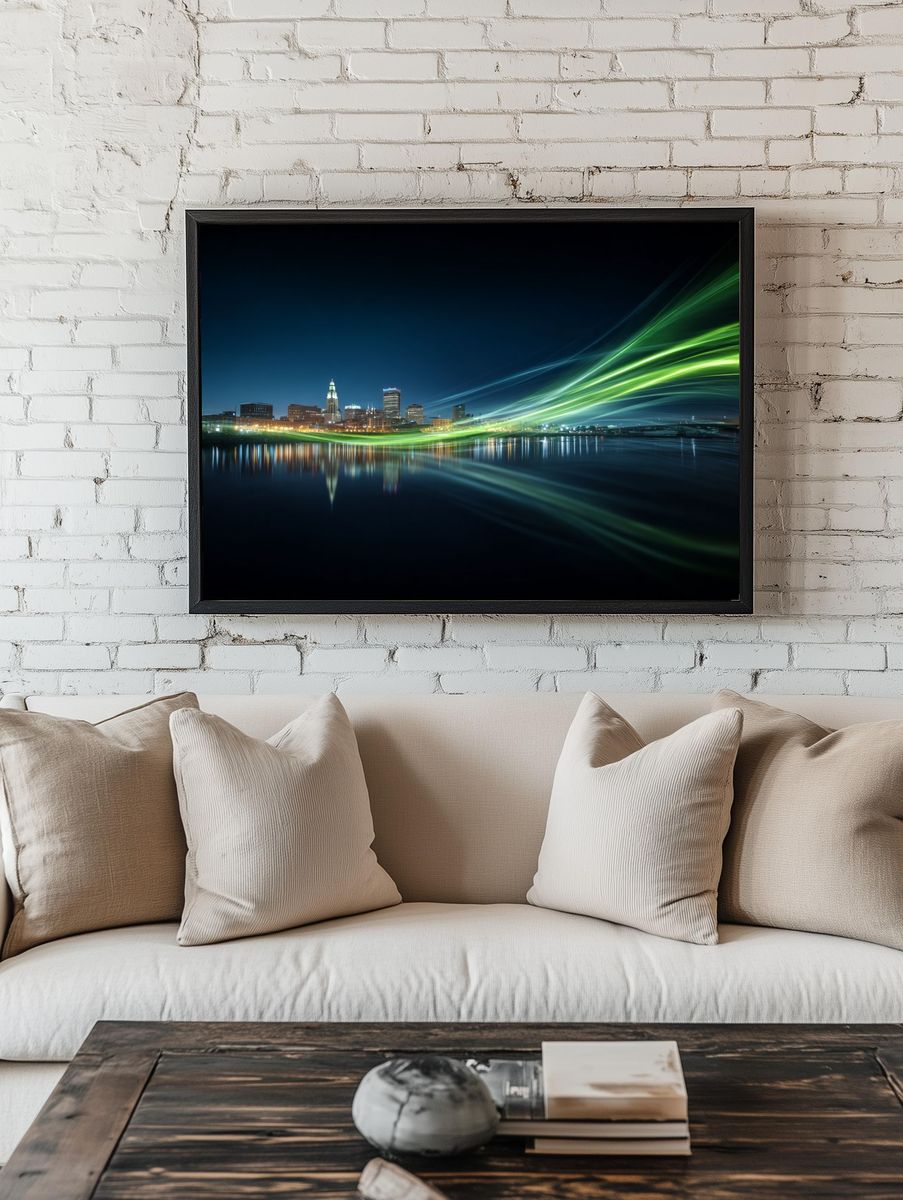 Neon City Skyline Night Print. — room view 1