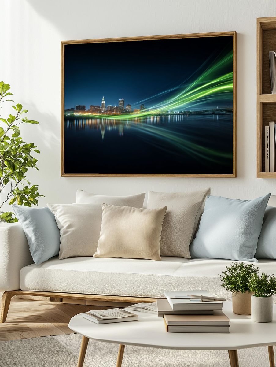 Neon City Skyline Night Print. — room view 2