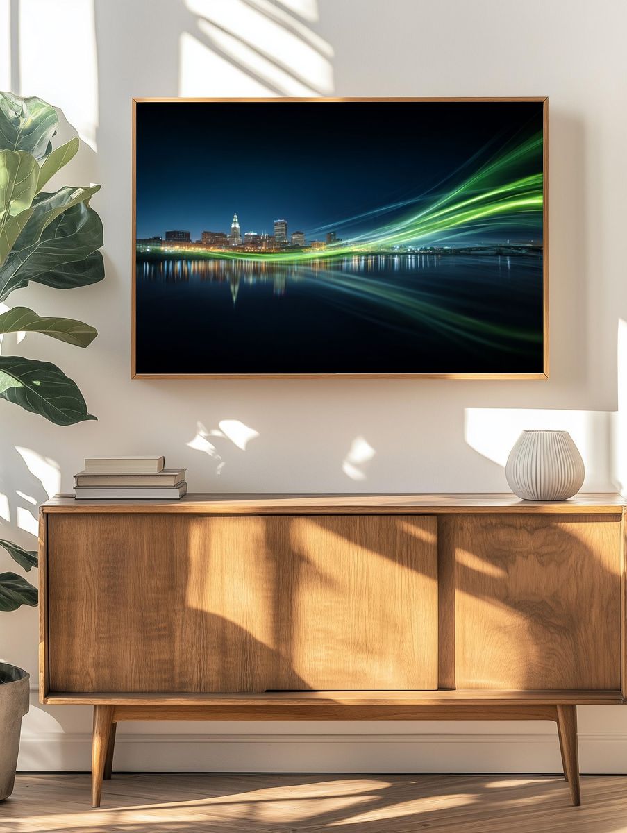 Neon City Skyline Night Print. — room view 3
