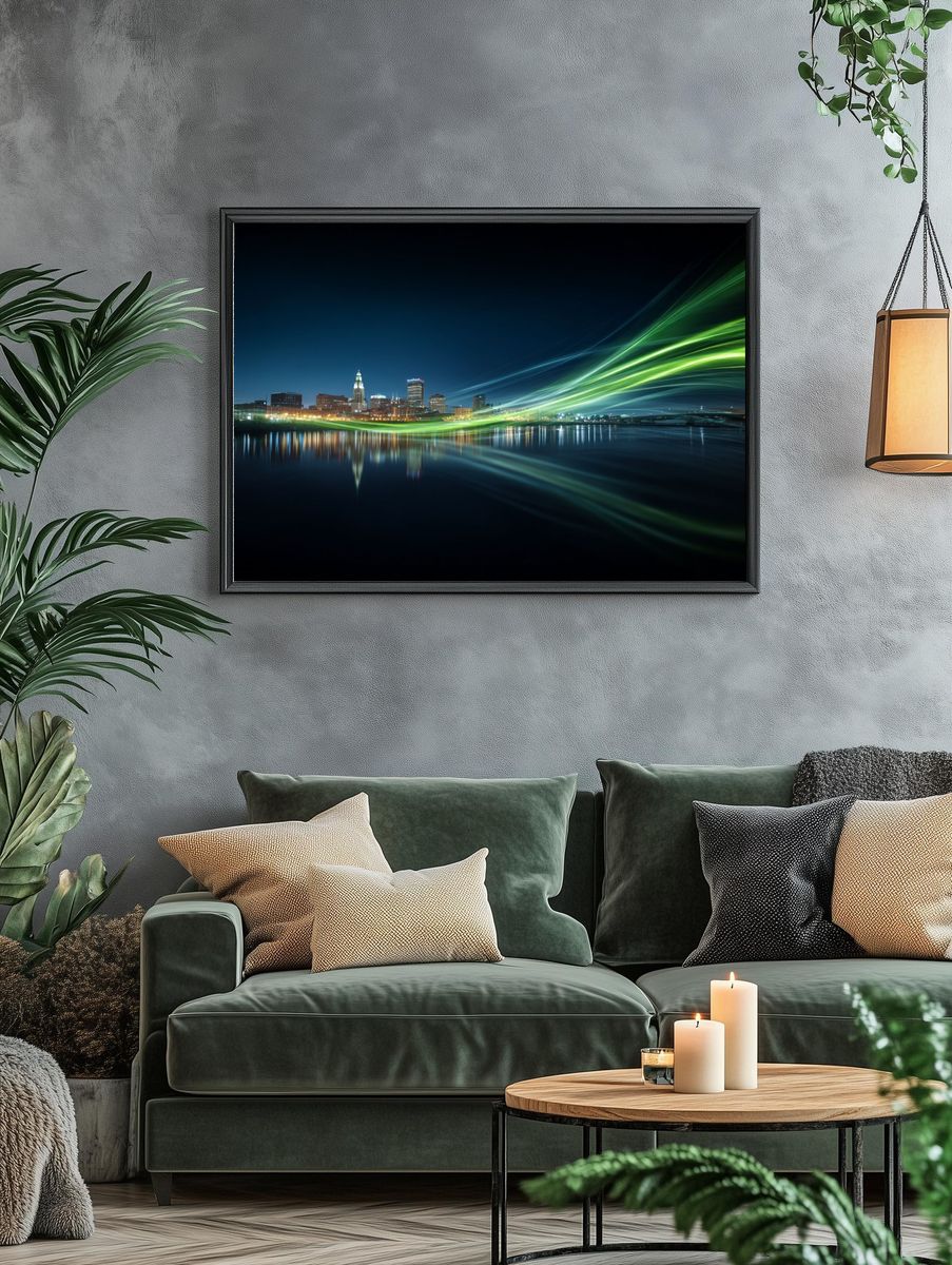 Neon City Skyline Night Print. — room view 4