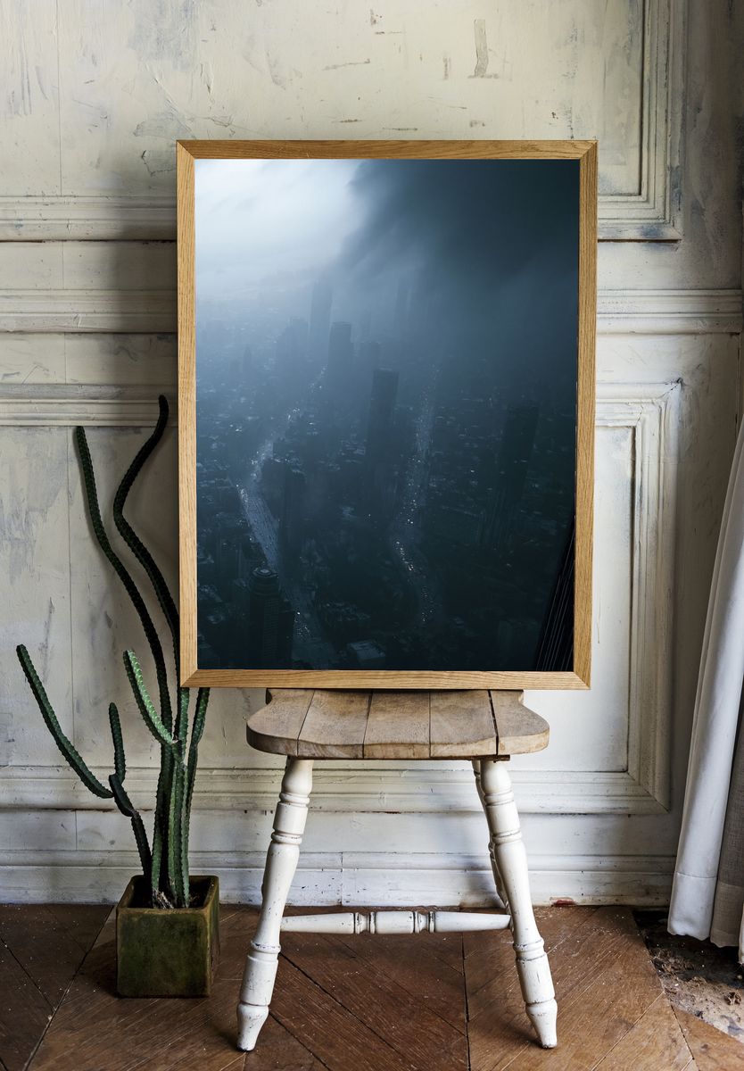 Misty City Skyline Photography Poster. room preview