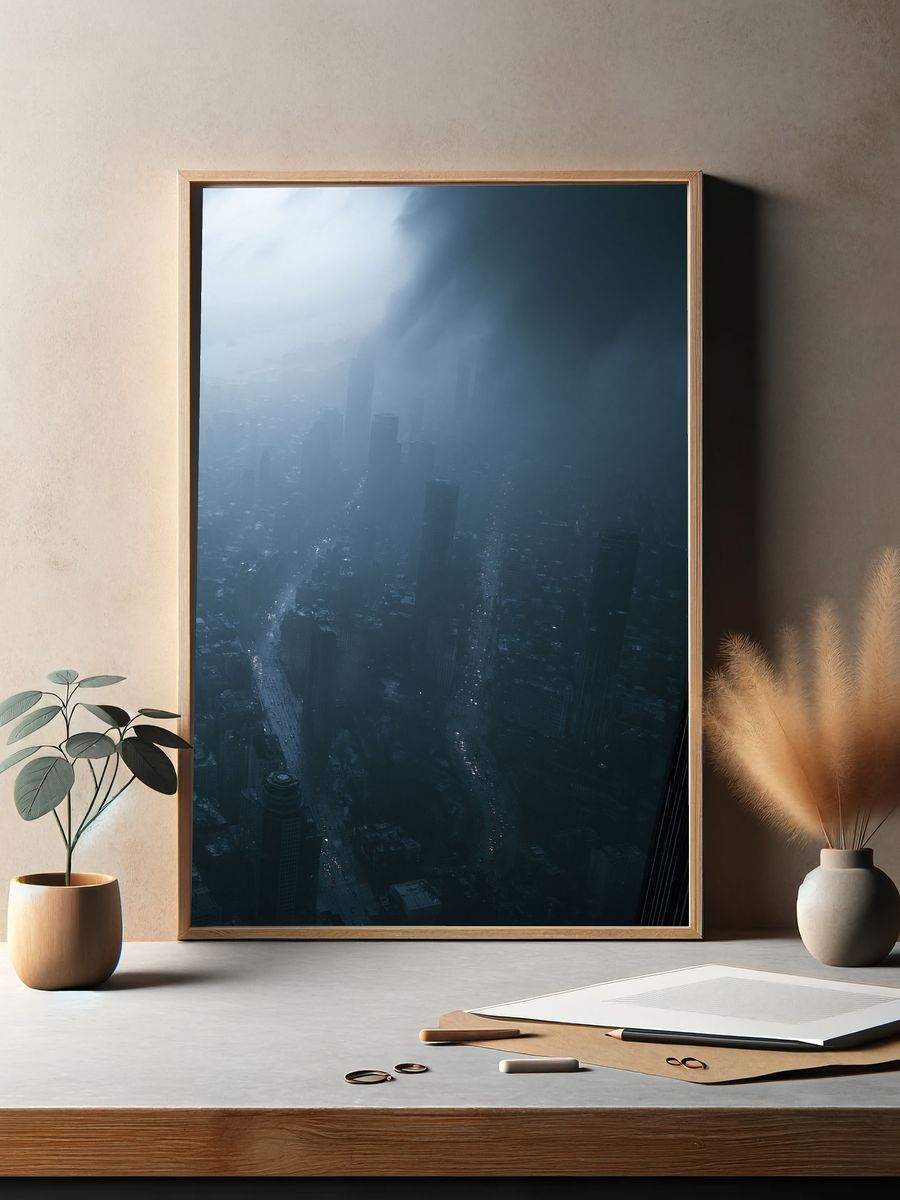 Misty City Skyline Photography Poster. — room view 2