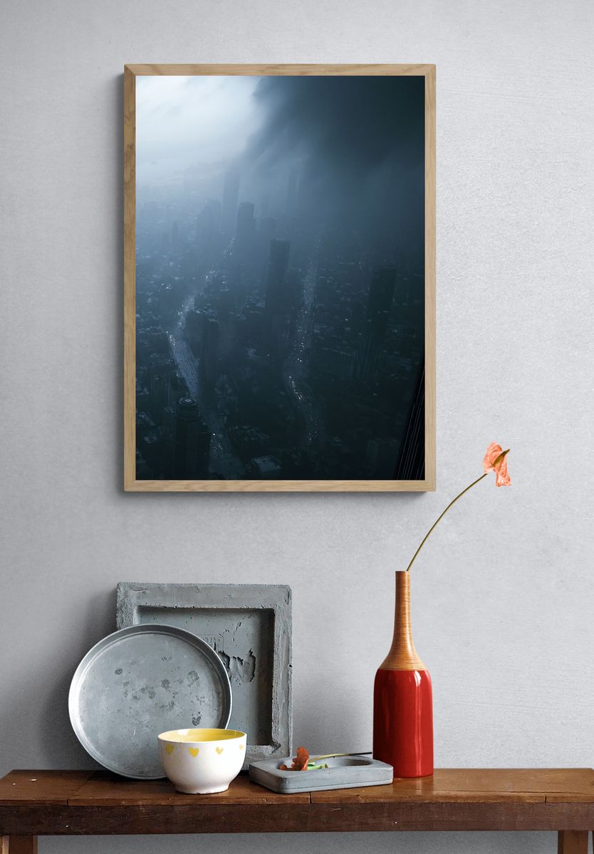 Misty City Skyline Photography Poster. — room view 3