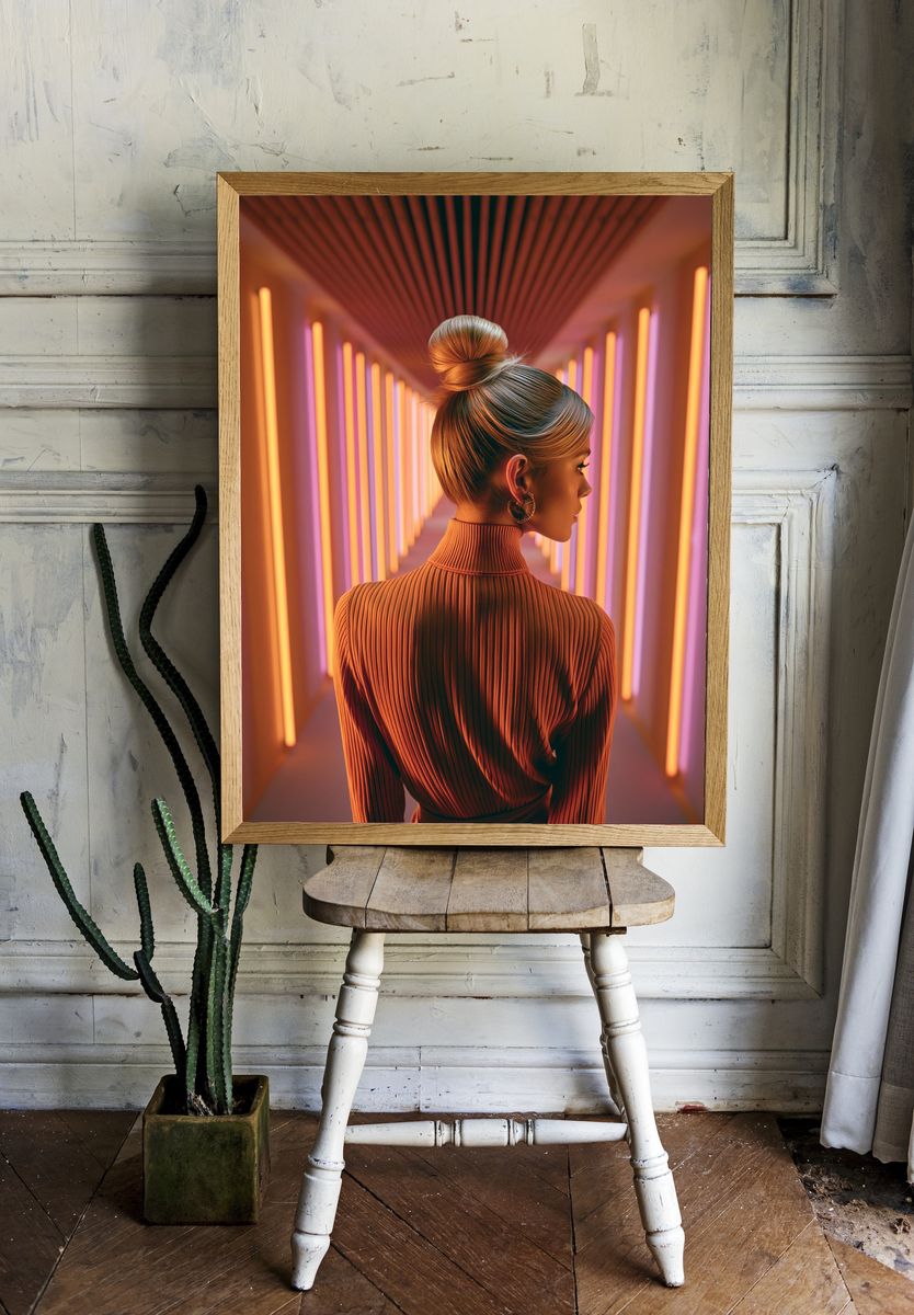 Neon Corridor Portrait Print. room preview
