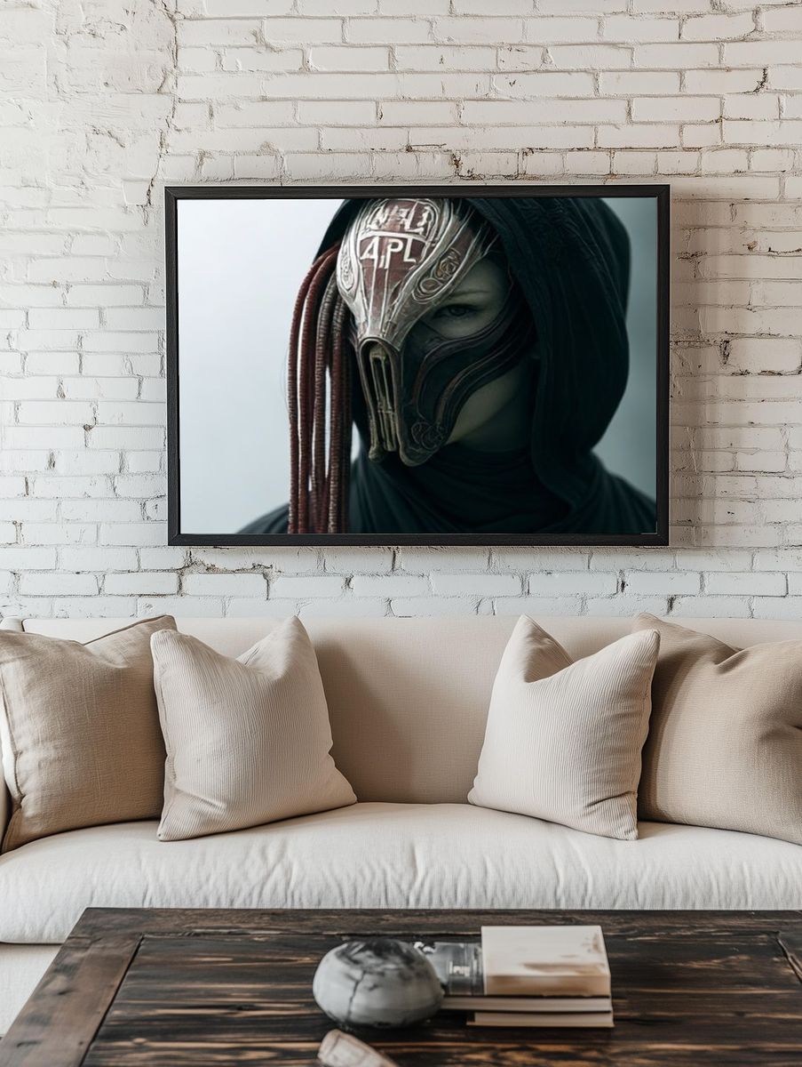 Masked Hooded Figure Dark Portrait Print. room preview