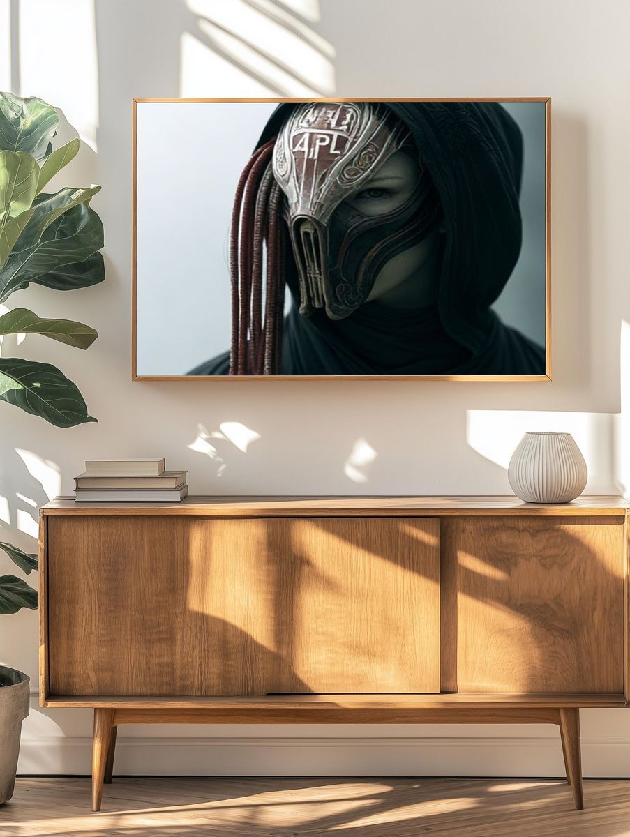 Masked Hooded Figure Dark Portrait Print. — room view 3