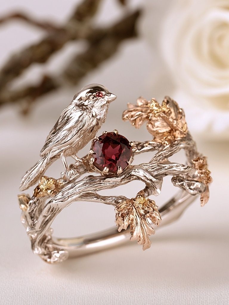 Bird and Garnet Jewelry Photography Poster. poster detail