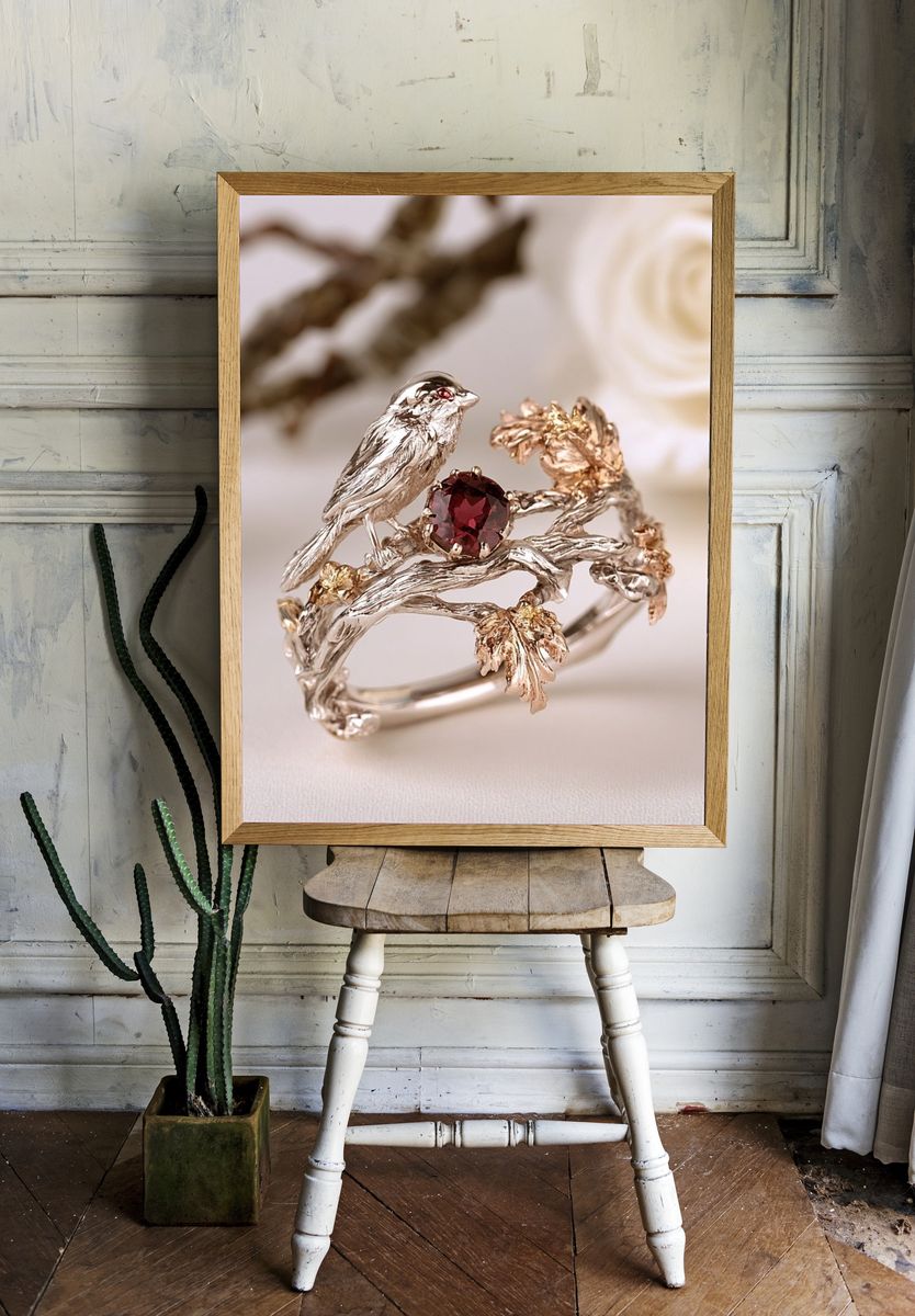 Bird and Garnet Jewelry Photography Poster. room preview