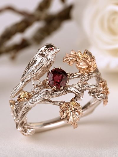Bird and Garnet Jewelry Photography Poster.