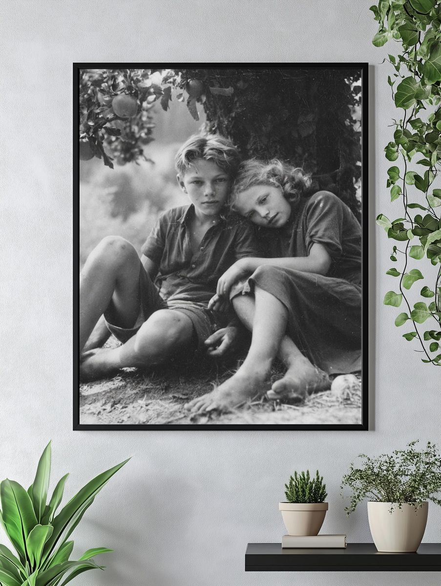 Children Under Apple Tree Black-White Print. — room view 4