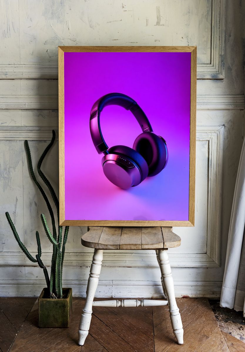 Neon Headphones Photography Poster. — room view 1