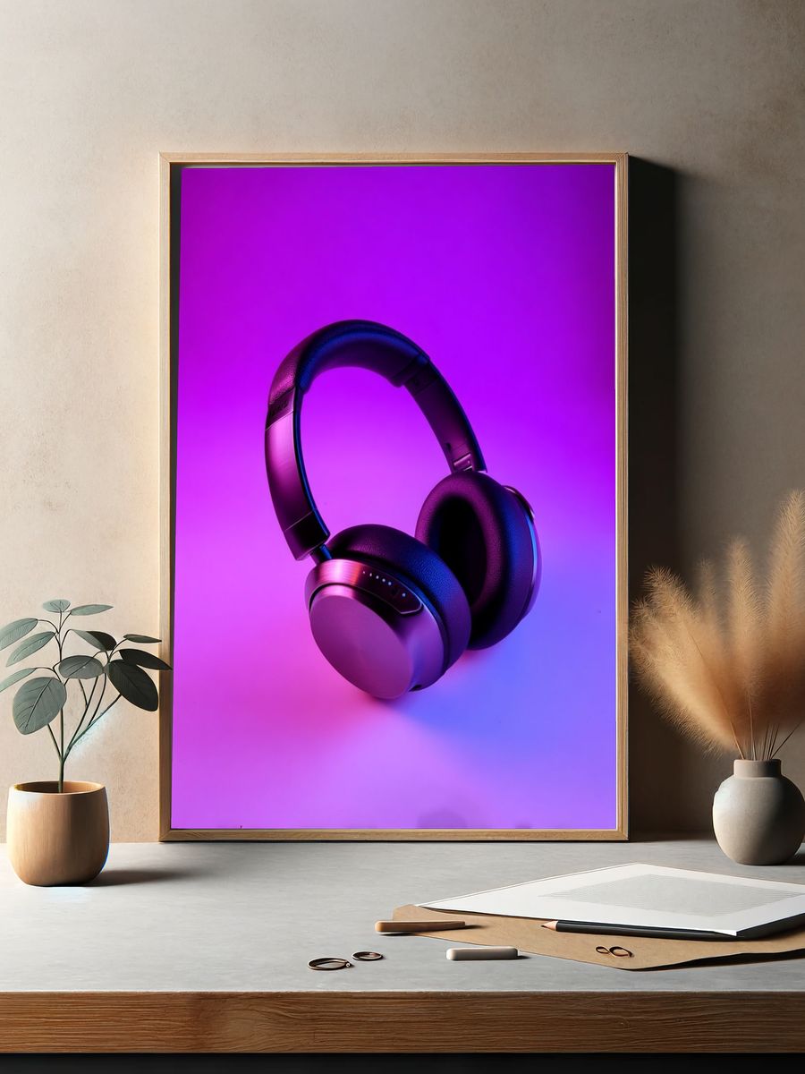 Neon Headphones Photography Poster. — room view 2