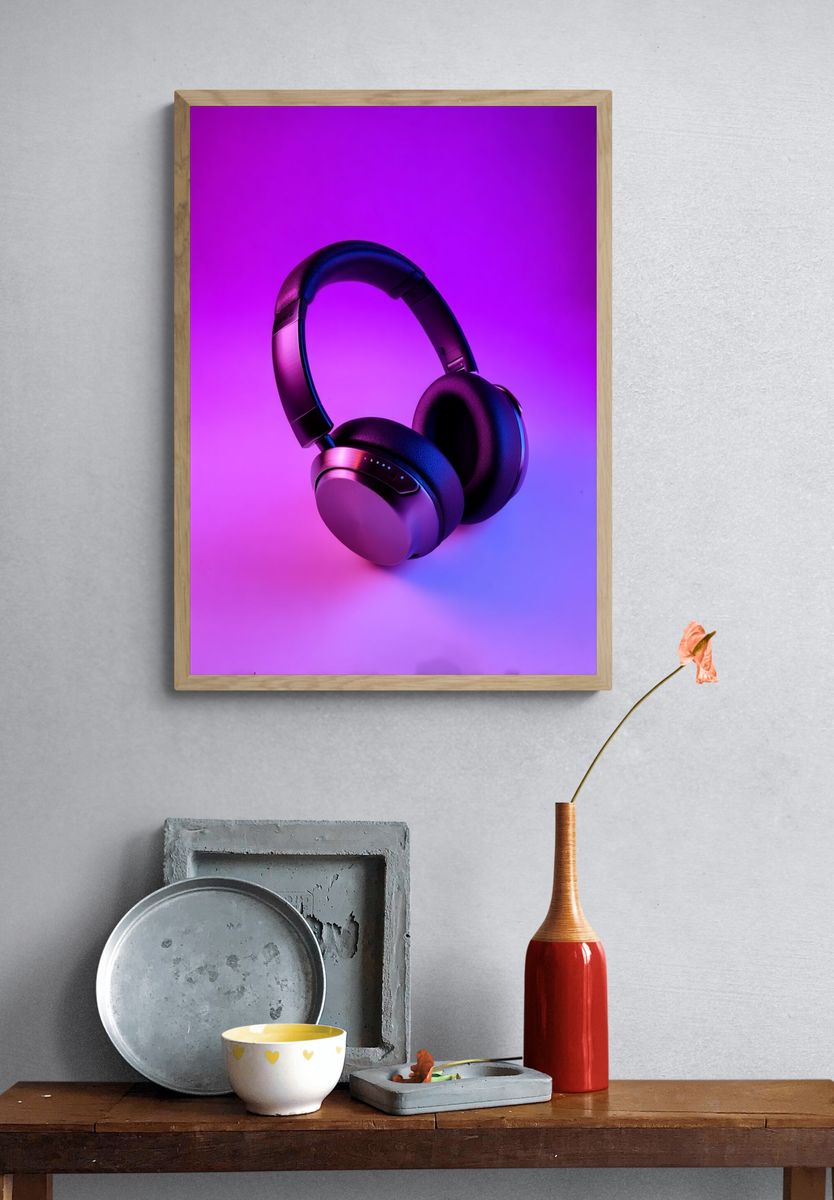 Neon Headphones Photography Poster. — room view 3