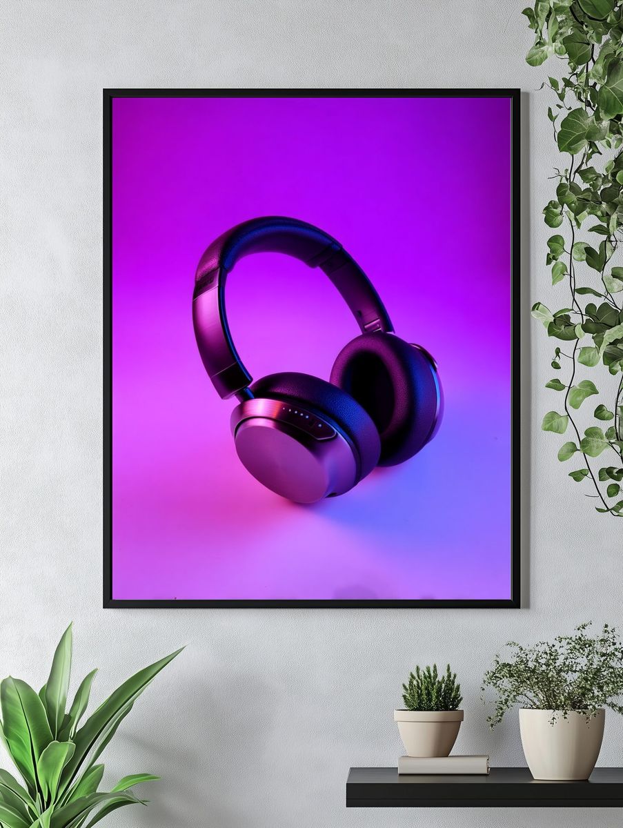 Neon Headphones Photography Poster. — room view 4