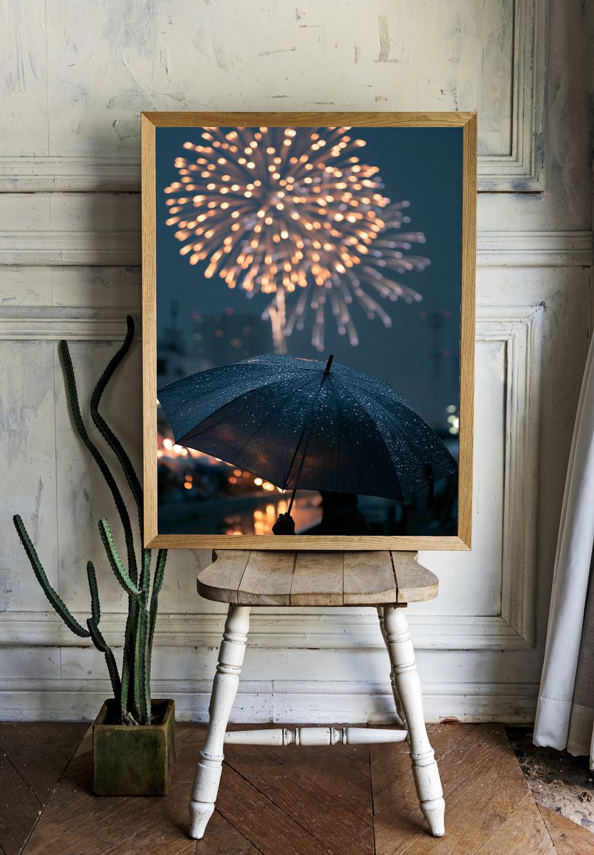 Rainy Fireworks Photography Poster. room preview