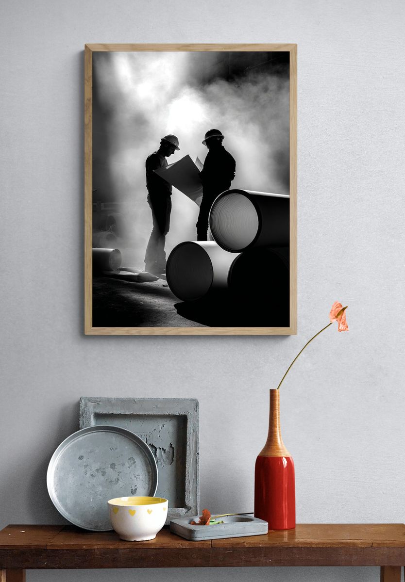 Industrial Workers in Smoke Photography Poster. — room view 3