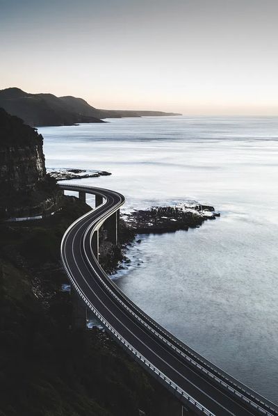 long elevated road along seashore.