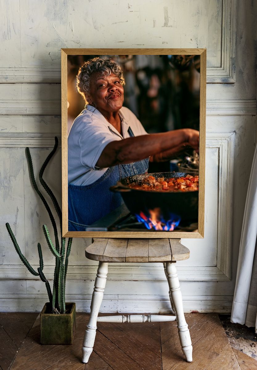 Smiling Cook at the Stove Photography Poster. room preview