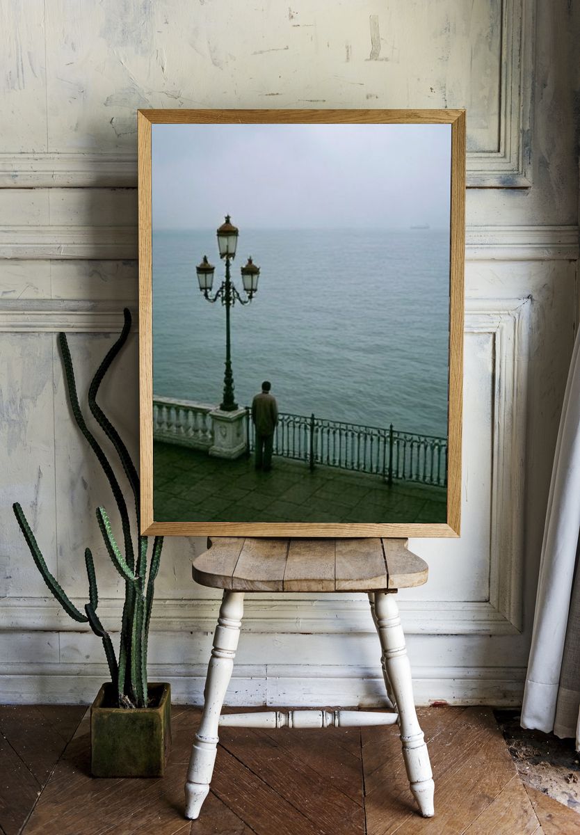 Misty Seaside Promenade Photography Poster. room preview