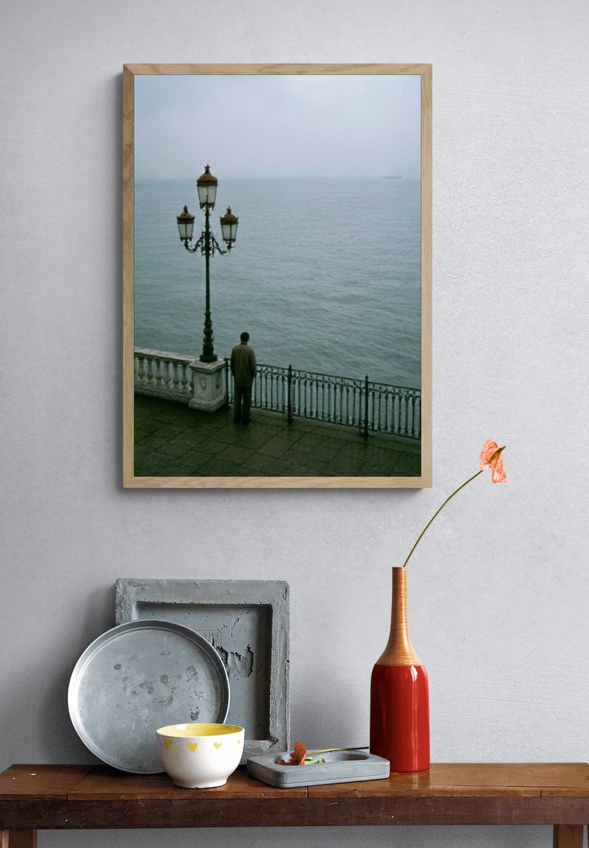 Misty Seaside Promenade Photography Poster. — room view 3