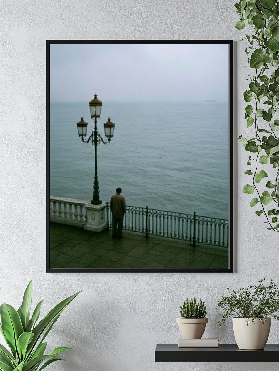 Misty Seaside Promenade Photography Poster. — room view 4
