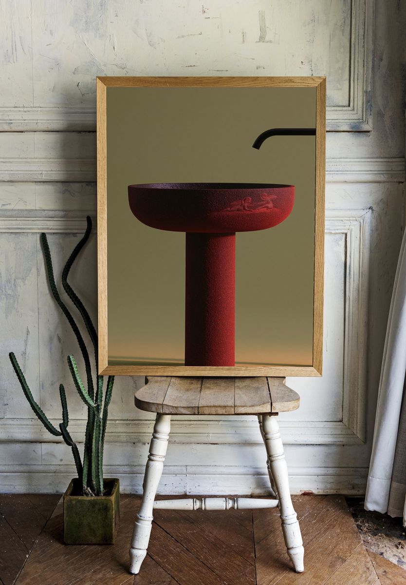 Red Sculptural Sink Photography Poster. room preview