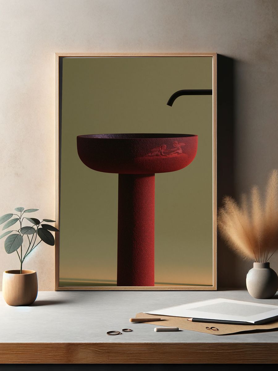 Red Sculptural Sink Photography Poster. — room view 2