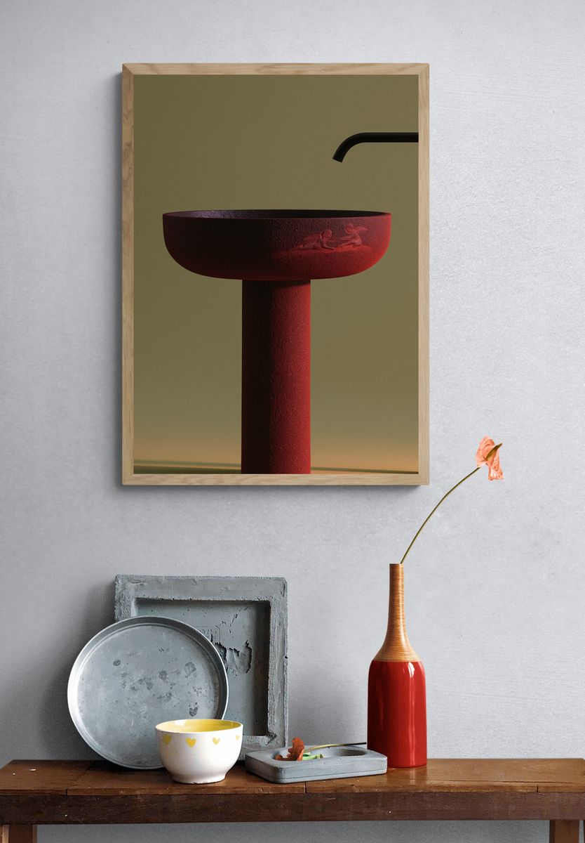 Red Sculptural Sink Photography Poster. — room view 3