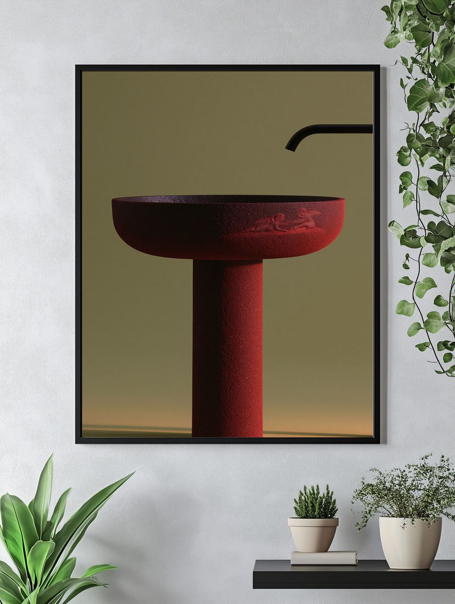 Red Sculptural Sink Photography Poster. — room view 4