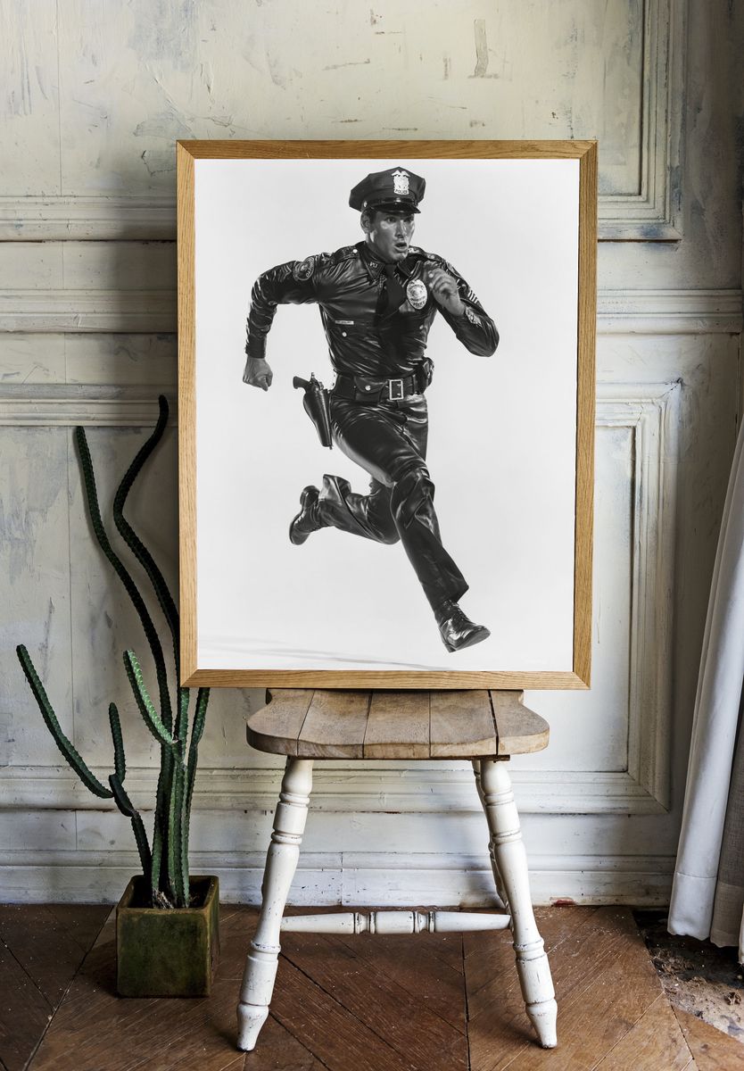 Running Police Officer Black-White Poster. room preview
