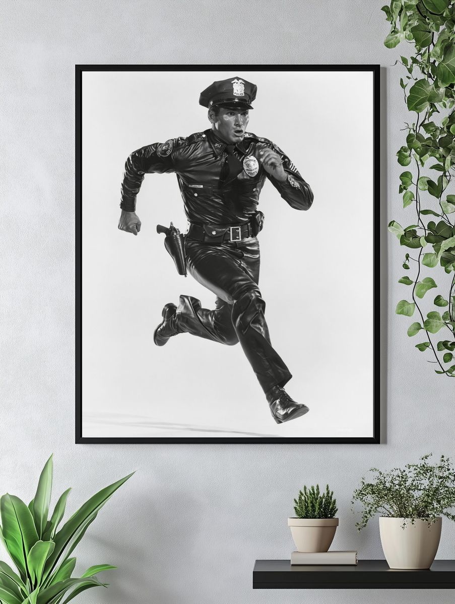 Running Police Officer Black-White Poster. — room view 4