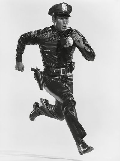 Running Police Officer Black-White Poster. poster