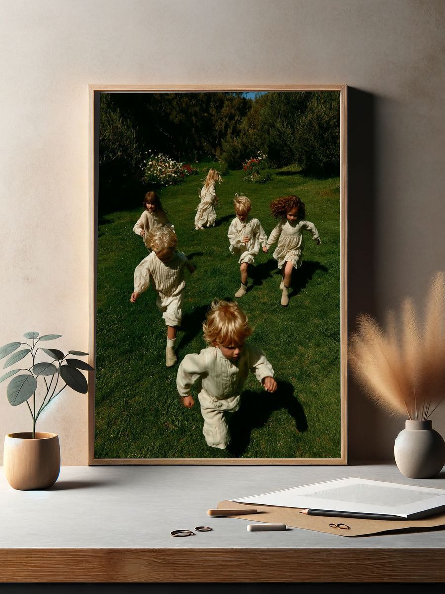 Children Running in Garden Photography Poster. — room view 2