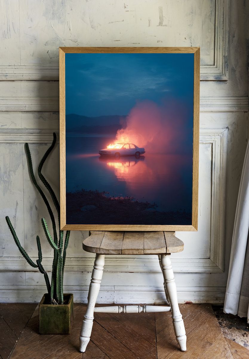 Burning Car at Dusk Photography Poster. room preview