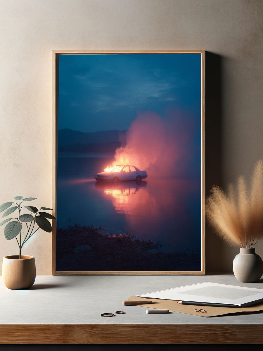 Burning Car at Dusk Photography Poster. — room view 2