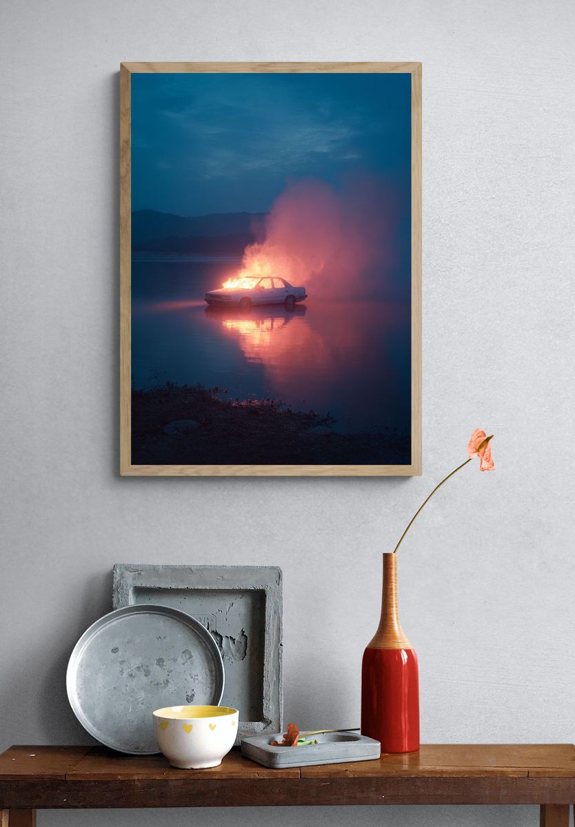 Burning Car at Dusk Photography Poster. — room view 3