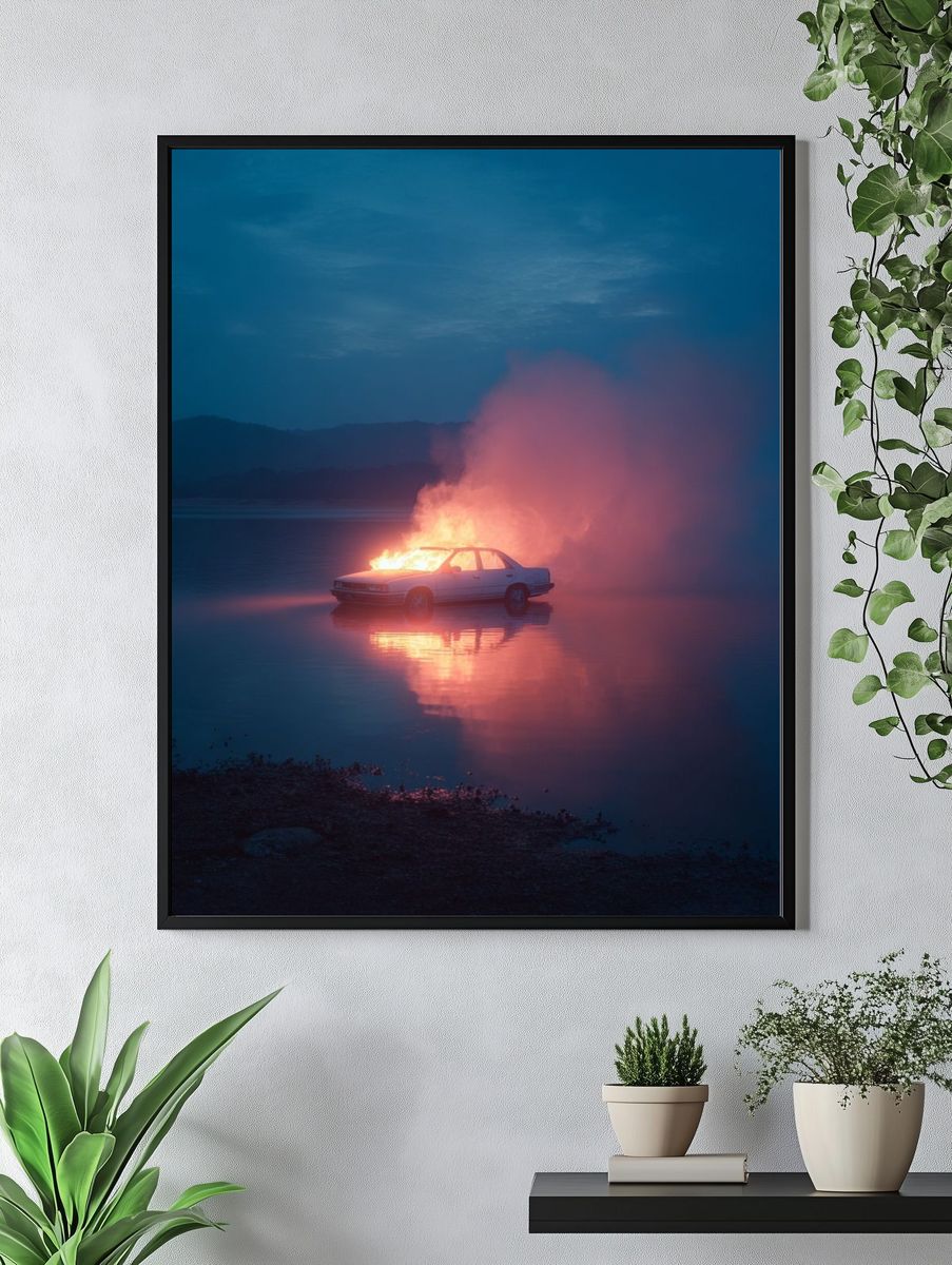Burning Car at Dusk Photography Poster. — room view 4