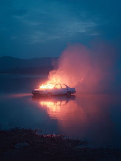 Burning Car at Dusk Photography Poster. poster