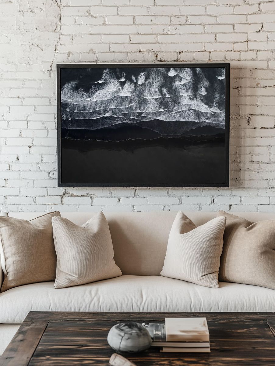 Aerial view black sand beach. room preview