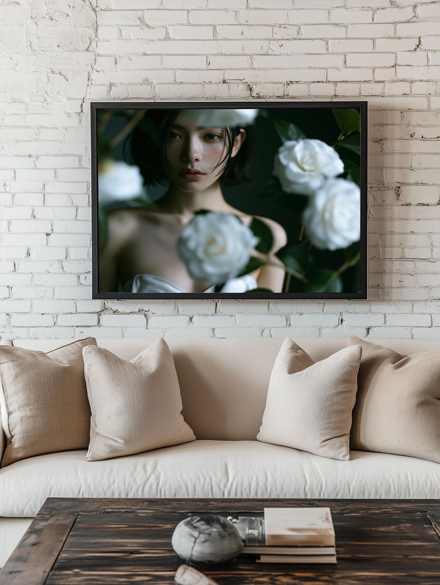 White Camellia Portrait Print. room preview