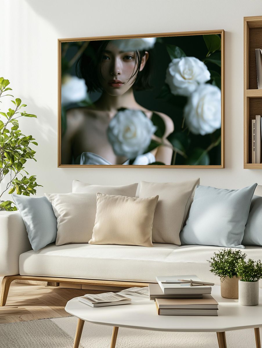 White Camellia Portrait Print. — room view 2