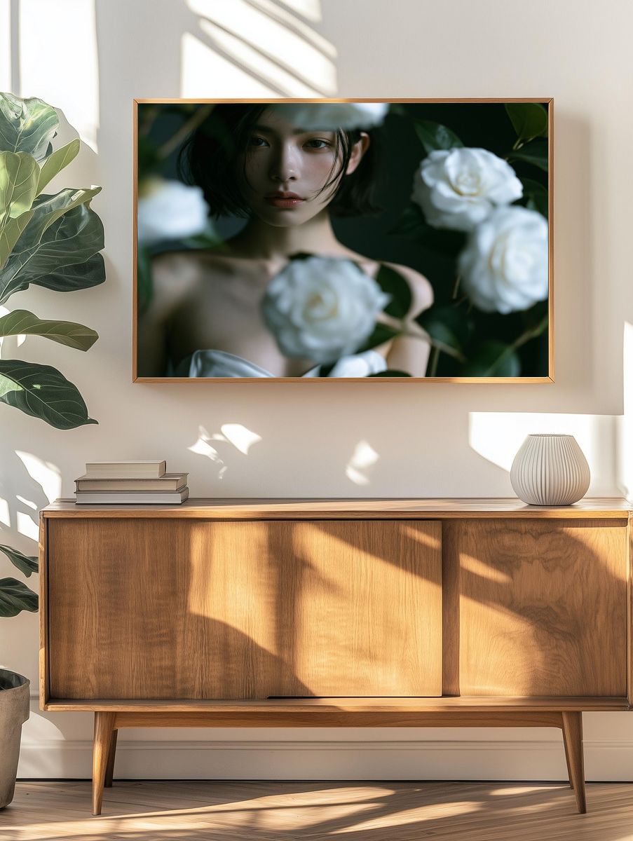 White Camellia Portrait Print. — room view 3