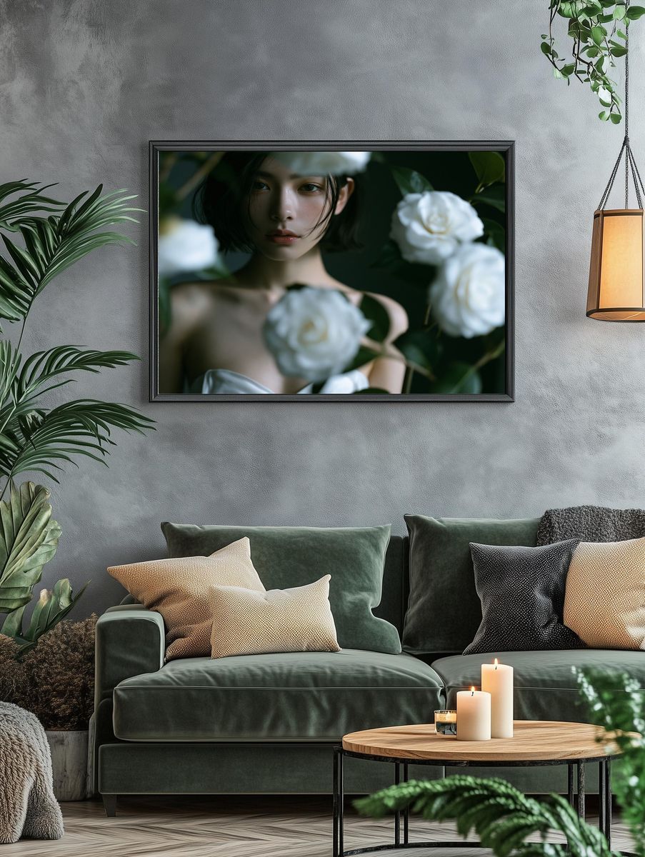 White Camellia Portrait Print. — room view 4