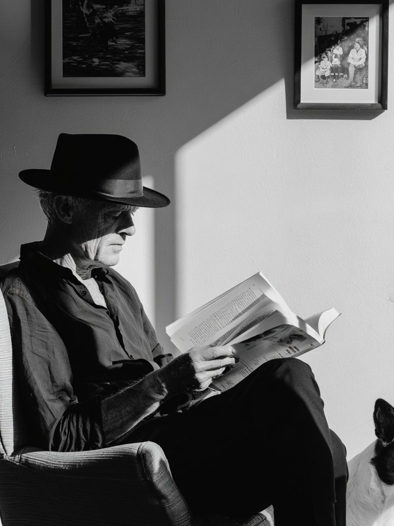 Man Reading with Dog Black-White Poster. poster detail