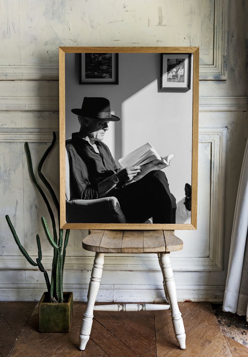 Man Reading with Dog Black-White Poster. — room view 1