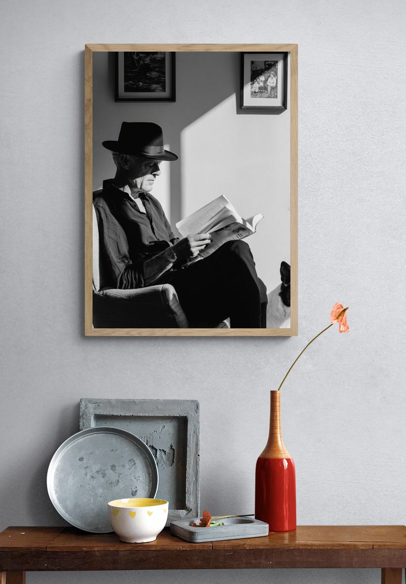 Man Reading with Dog Black-White Poster. — room view 3