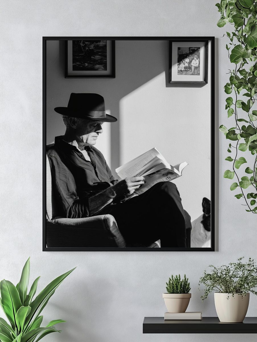 Man Reading with Dog Black-White Poster. — room view 4