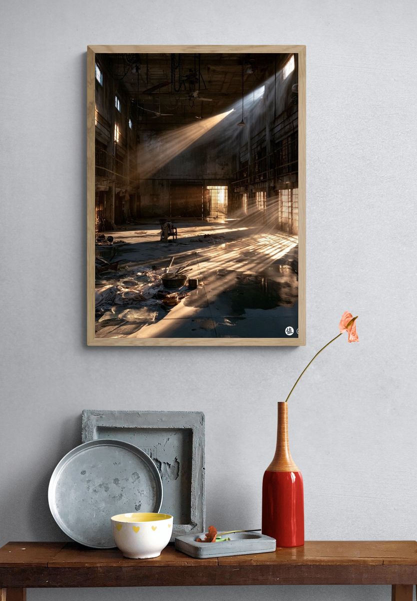 Abandoned Industrial Hallway Photography Poster. — room view 3