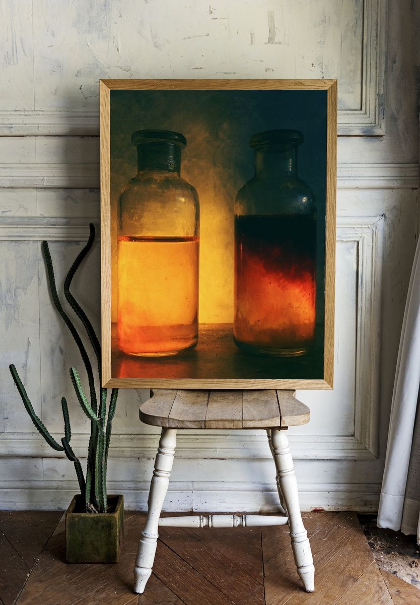 Glowing Glass Bottles Photography Poster. room preview